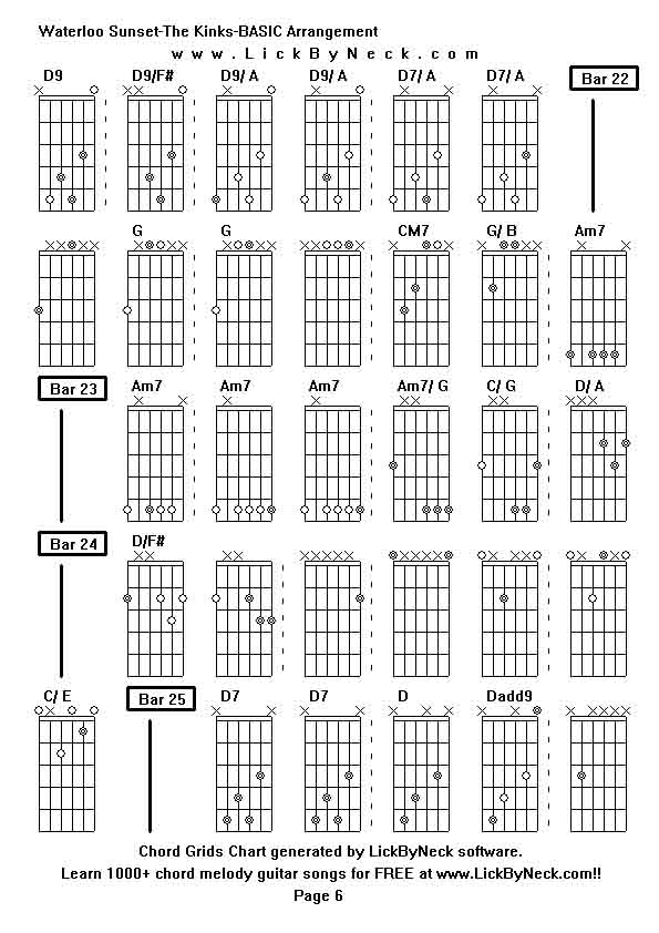 Chord Grids Chart of chord melody fingerstyle guitar song-Waterloo Sunset-The Kinks-BASIC Arrangement,generated by LickByNeck software.